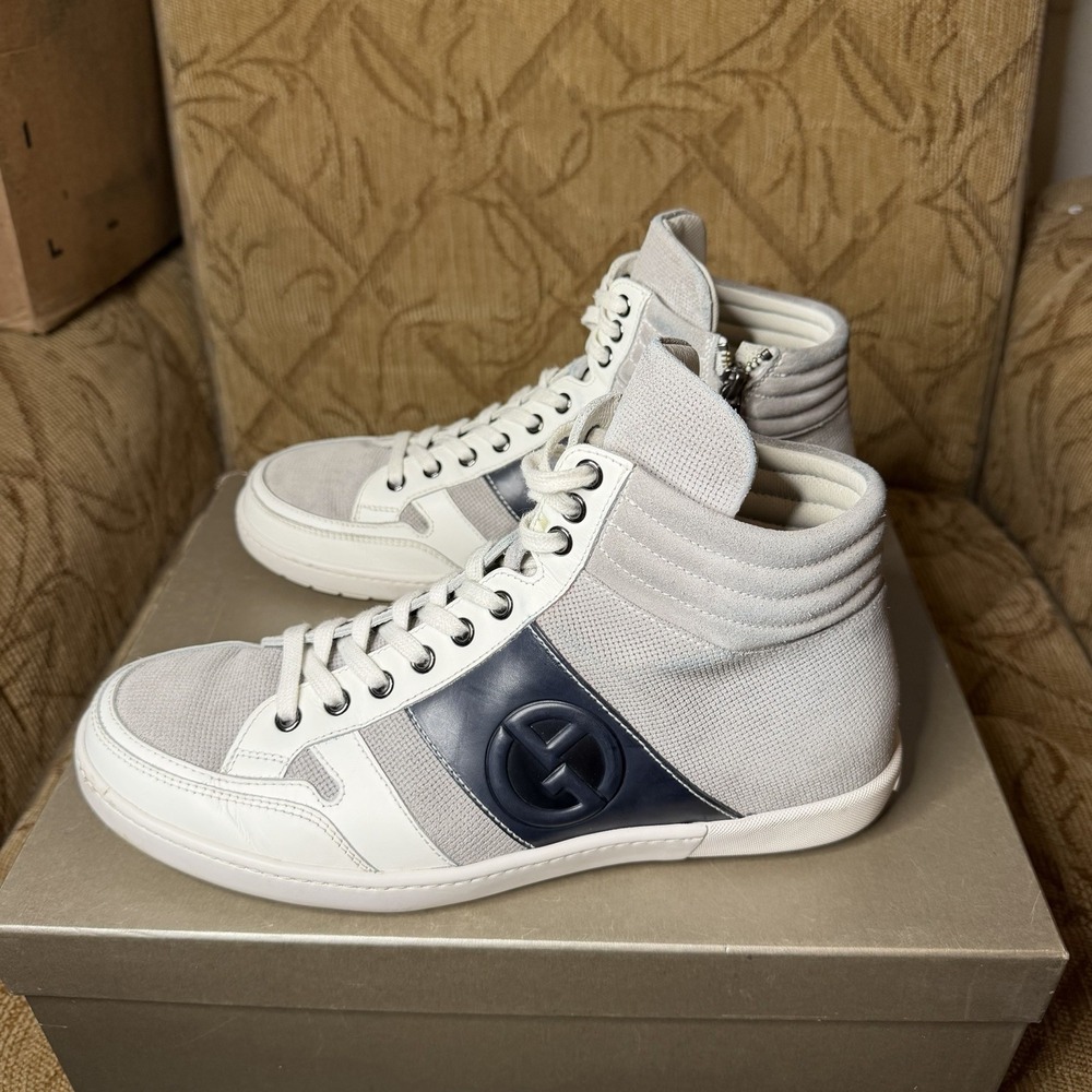 $795 Authentic Giorgio Armani High Top Sneakers White Leather US 9 UK 8